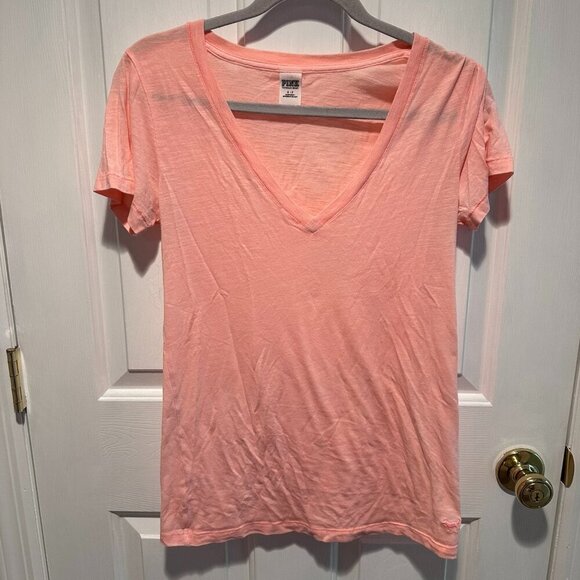 PINK Victoria Secret Orange V-Neck Shirt - Size Small - Picture 1 of 3